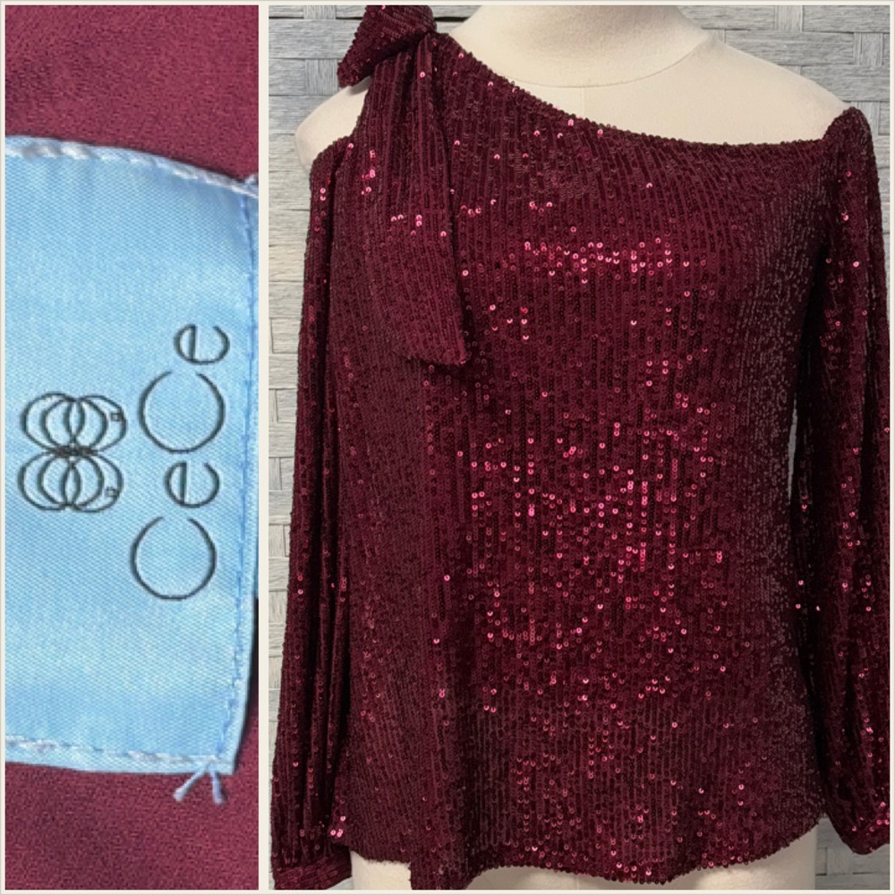 CeCe Top XS Burgundy Sequin‎ Cold Shoulder Off Shoulder Bow Long Sleeve